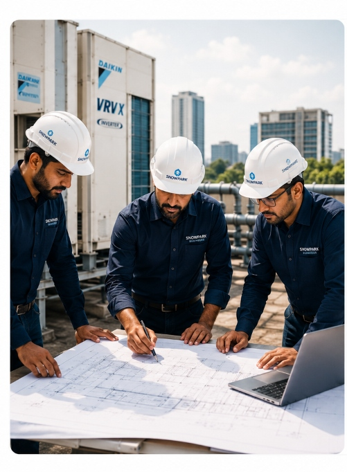 Snowpark HVAC engineers reviewing blueprint plans on site