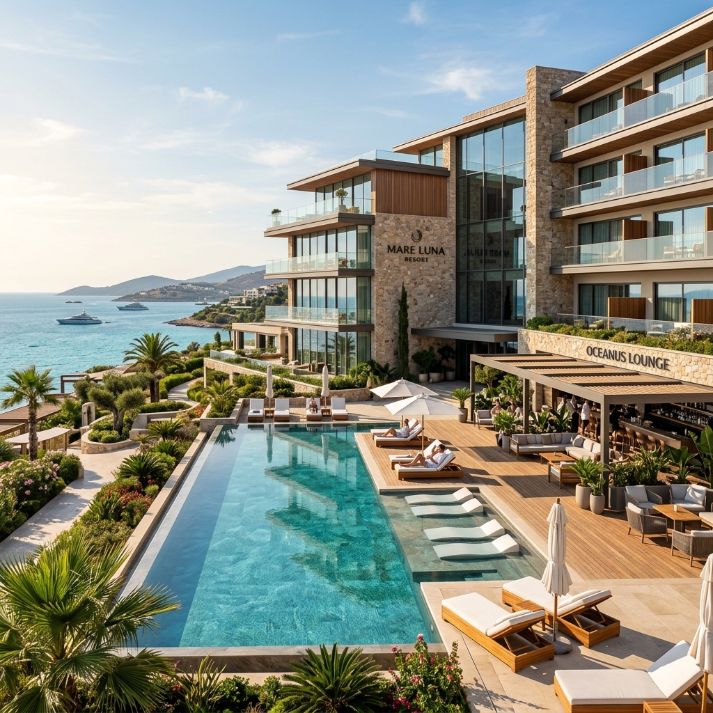 Luxury hotel exterior with pool