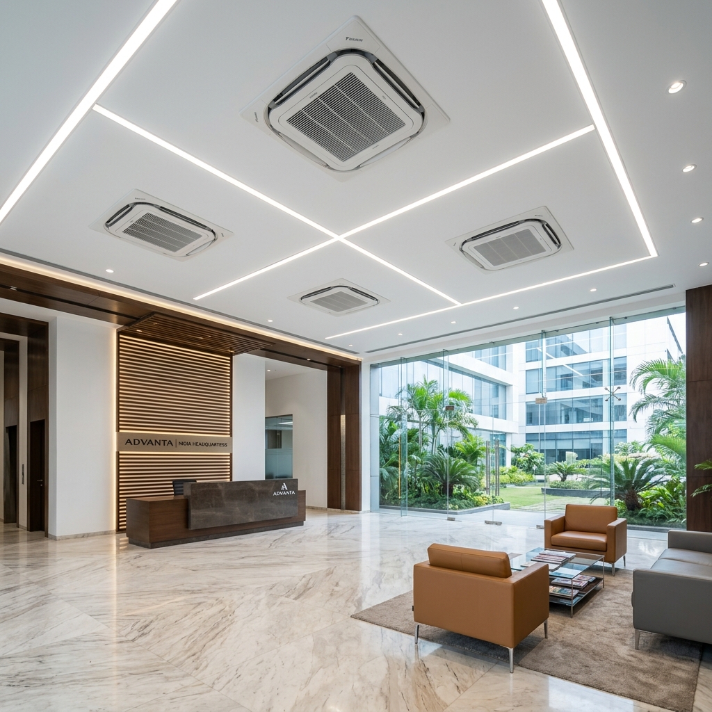 Flush-mounted ceiling cassette air conditioning units in premium commercial office lobby