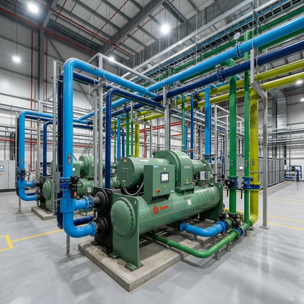 Water-cooled chillers and industrial chilled water piping network