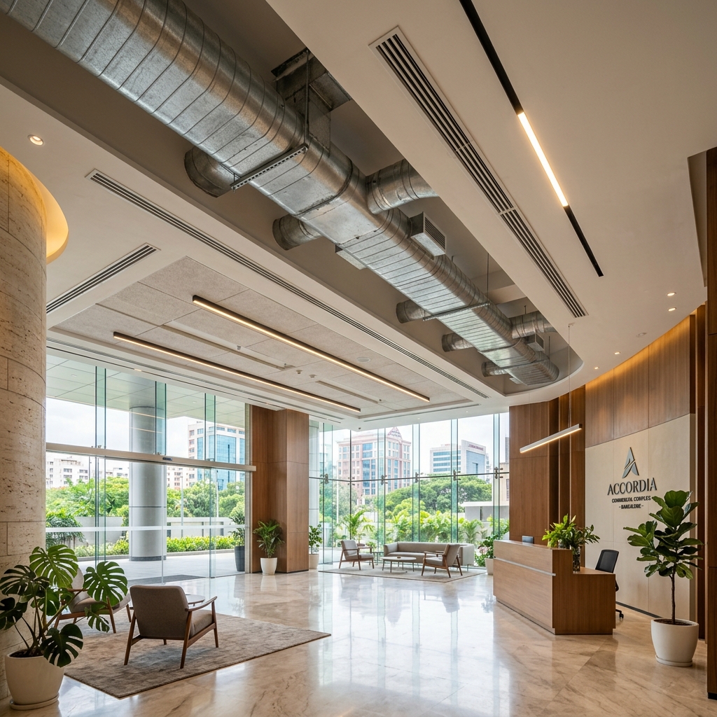Concealed ductable air conditioning ceiling installation in premium office lobby